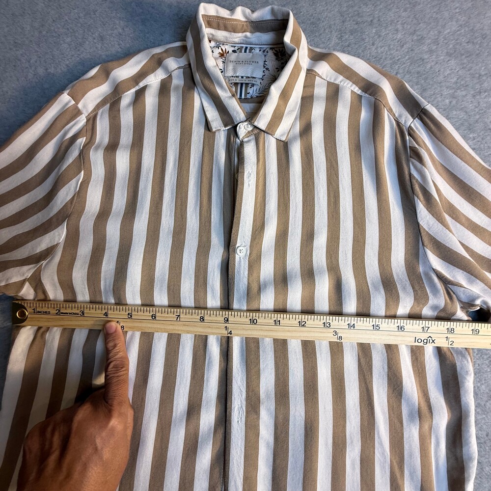 Denim & Flower Ricky Singh Tan & White Striped Button Front Shirt Men's Medium - Picture 4 of 10